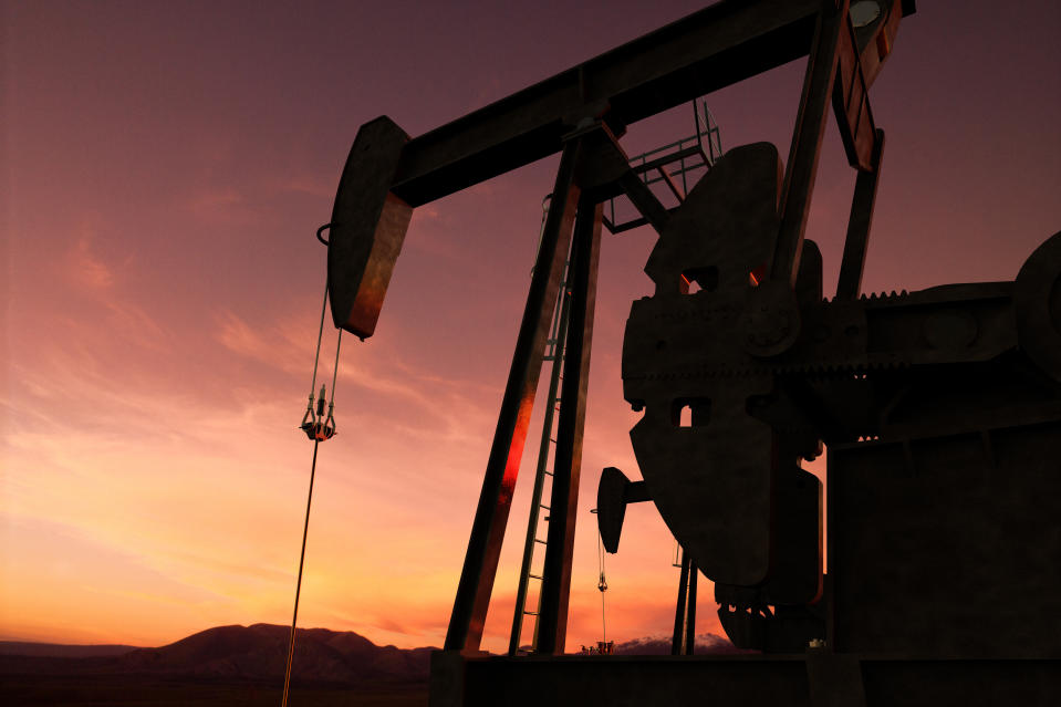 3D rendering of pump jack in an oil field