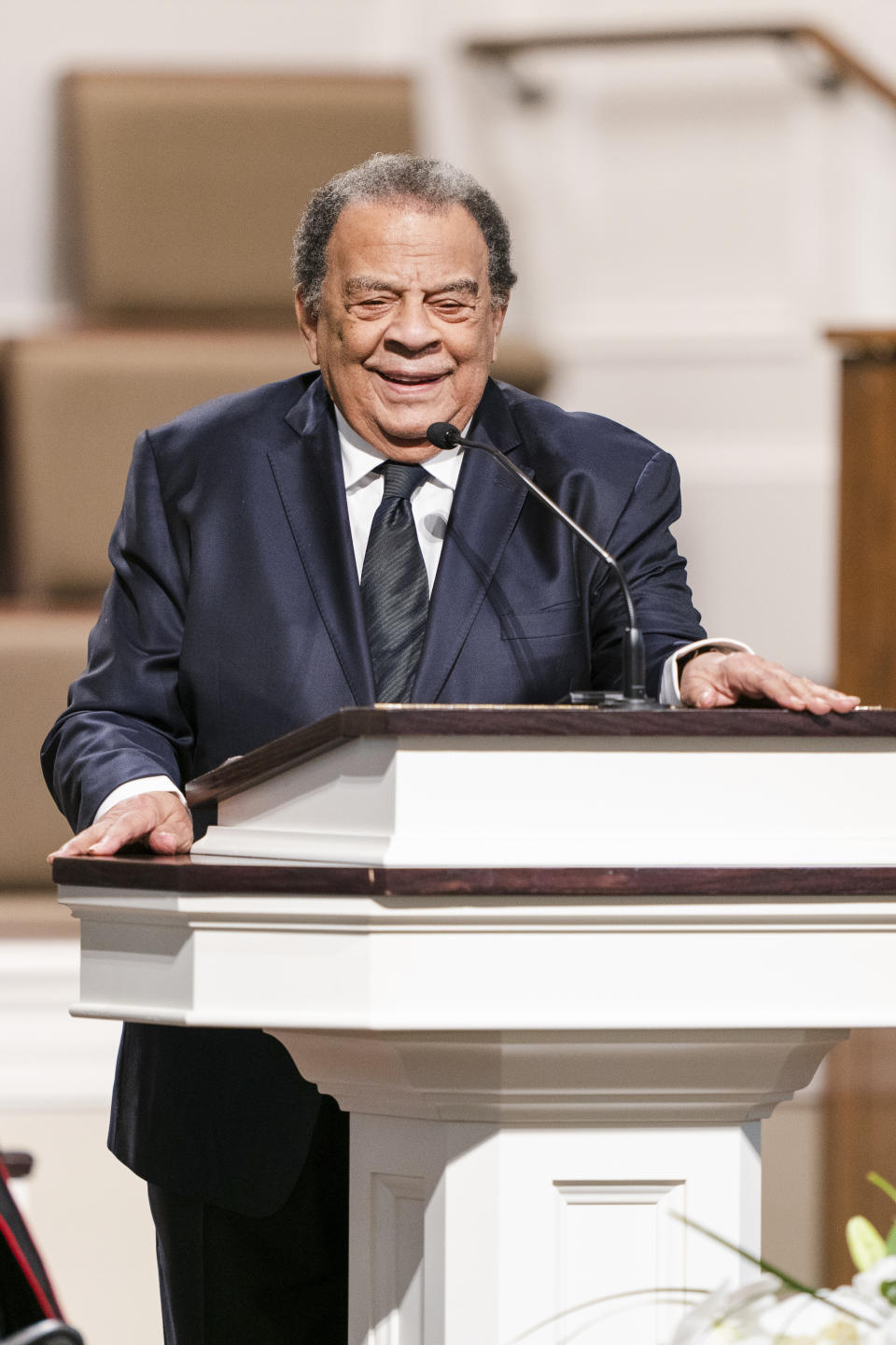 Andrew Young, former ambassador to the United Nations, speaks during the funeral services for Henry "Hank" Aaron, longtime Atlanta Braves player and Hall of Famer, on Wednesday, Jan. 27, 2021 at Friendship Baptist Church in Atlanta. (Kevin D. Liles/Atlanta Braves via AP, Pool)