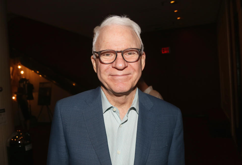 NEW YORK, NY - APRIL 23:  Steve Martin poses as he visits "Rogers & Hammerstein's Oklahoma!" on Broadway at The Circle in The Square Theatre on April 23, 2019 in New York City.  (Photo by Bruce Glikas/WireImage)