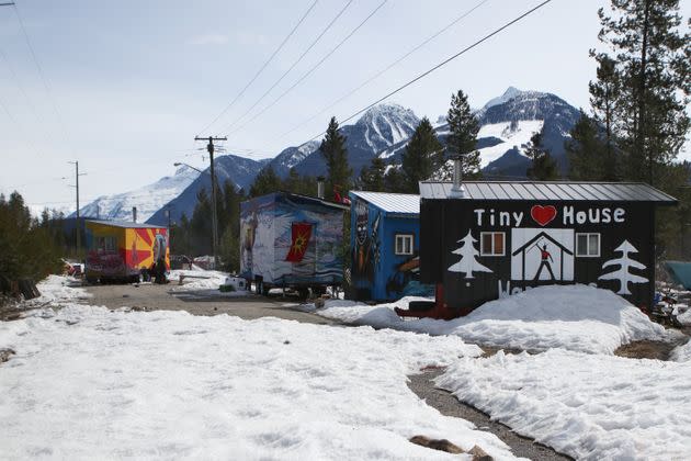 The Tiny House Warriors village is located beside a camp that houses 550 Trans Mountain Pipeline workers. (Photo: Aaron Hemens for HuffPost)