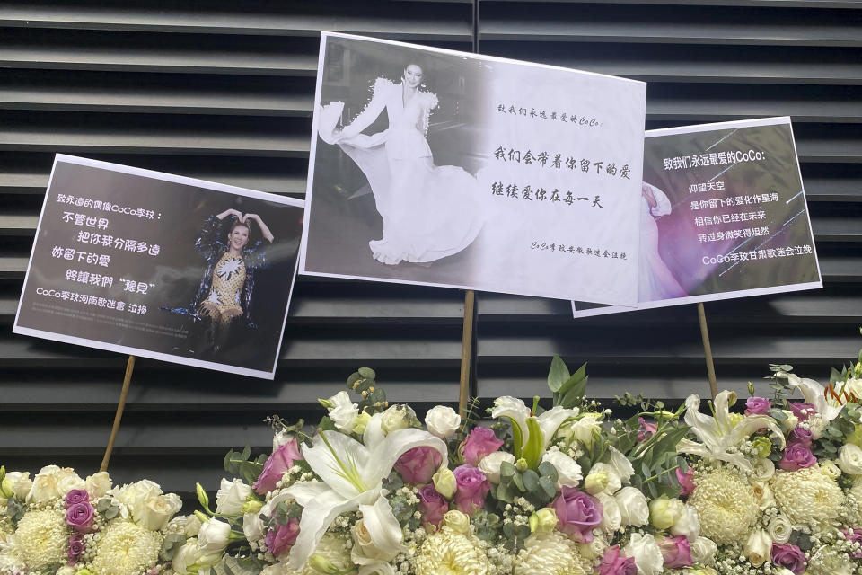 Wreaths are laid out at the Hong Kong Funeral Home, where a funeral is set up for Hong Kong singer and songwriter Coco Lee, in Hong Kong on Monday, July 31, 2023. Fans of singer and songwriter Coco Lee, who was known for her powerful voice and live performances, were gathering with flowers to pay their respects at her funeral in Hong Kong. (AP Photo/Annie Cheung)