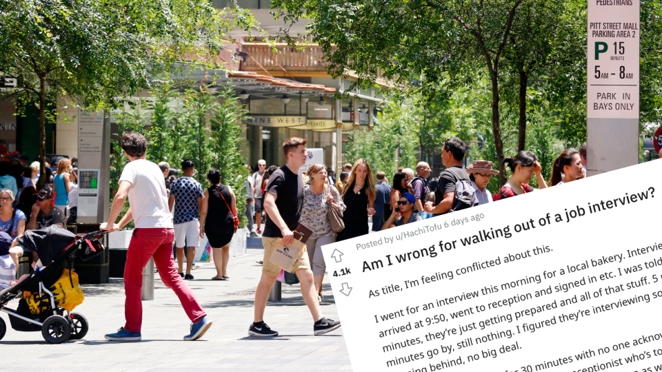 A composite image of people walking on a busy street and the Reddit post where the user asks if they were wrong to walk out of a job interview.