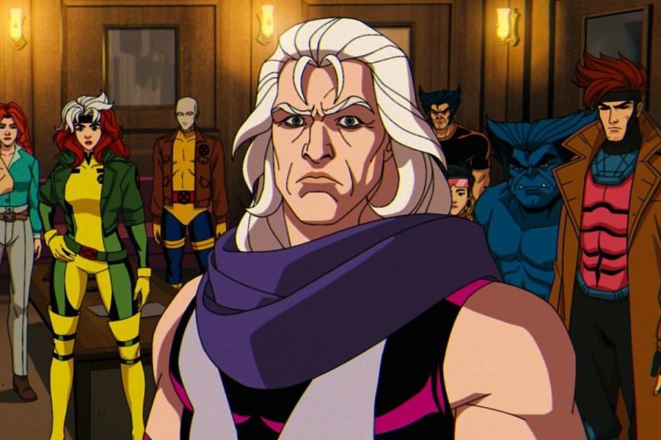 Animated characters from X-Men, with Magneto in the foreground and teammates behind him