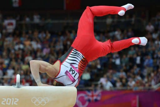 Japan's gymnast Kohei Uchimura competes on the pommel horse during the men's team final of the artistic gymnastics event of the London Olympic Games at the 02 North Greenwich Arena in London. Uchimura expressed a measure of sympathy for Great Britain and Ukraine after a judging inquiry into his pommel horse routine gave Japan the silver medal in the men's Olympic gymnastics team final