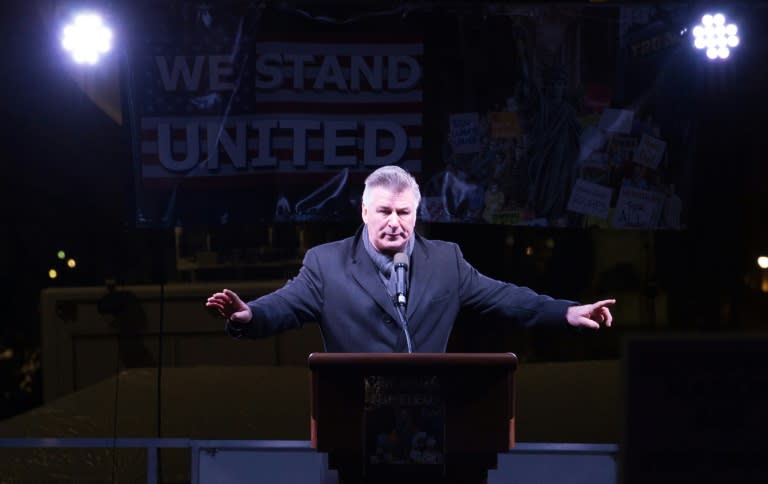 Alec Baldwin speaks at the 'We Stand United' rally outside Trump International Hotel and Tower in New York on January 19, 2017, on the eve of US President-elect Donald Trump's inauguration