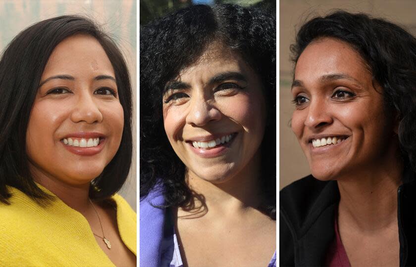 Los Angeles, California: LEFT: Ysabel Jurado in Los Angeles, CA. CENTER: City Council District 2 Candidate Jillian Burgos RIGHT: Los Angeles City Council candidate Nithya Raman (Mel Melcon/Los Angeles Times)