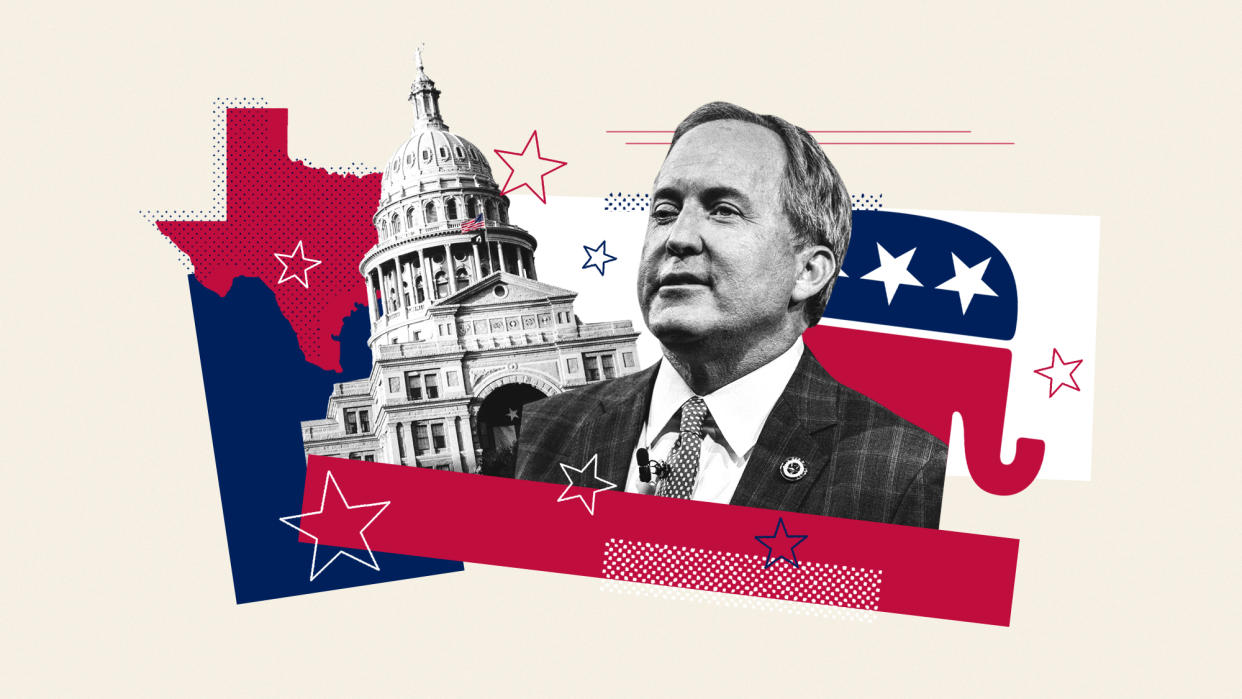  Illustration of Ken Paxton, Texas Senate building and state flag. 