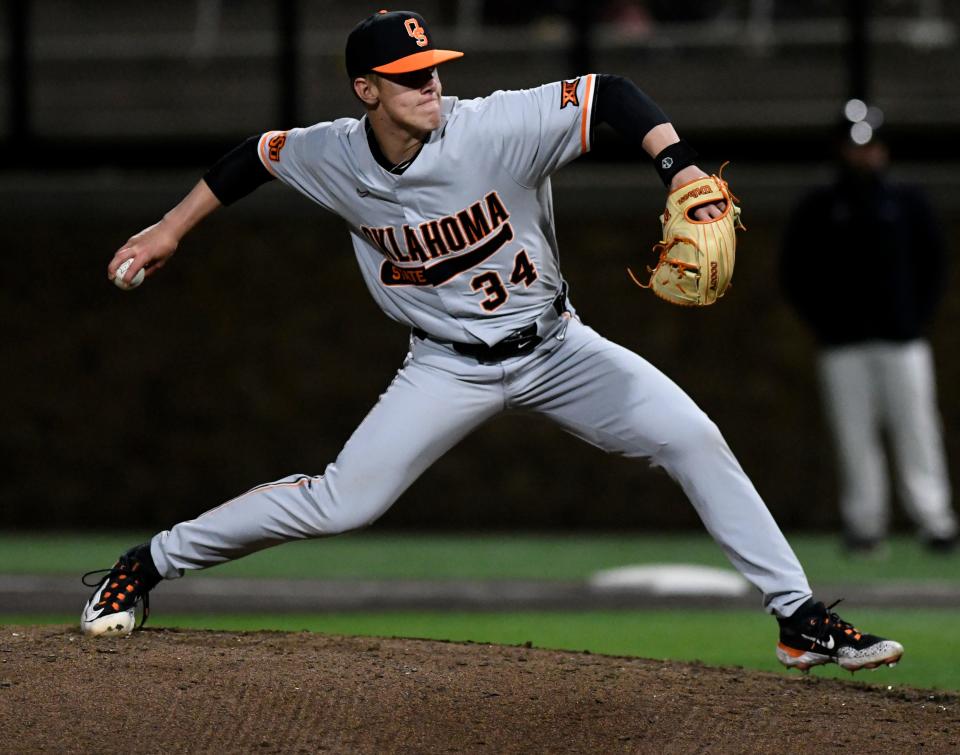 Oklahoma State's Isaac Stebens pitches against Texas Tech on March 17 at Rip Griffin Park in Lubbock, Texas.