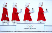 <p>The presentation party enter the arena for the Men’s Alpine Combined Slalom victory ceremony on day four of the PyeongChang 2018 Winter Olympic Games at Jeongseon Alpine Centre on February 13, 2018 in Pyeongchang-gun, South Korea. (Photo by Ezra Shaw/Getty Images) </p>