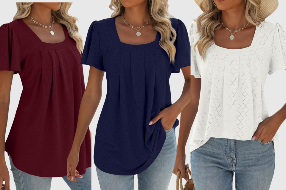 summer top, This flattering (and affordable!) top is great for summer (photos via Amazon), isermeo Summer Tops for Women Pleated Square Neck Ruffle Sleeve Shirts Casual Loose Flowy Curved Hem Tunic S-XXL