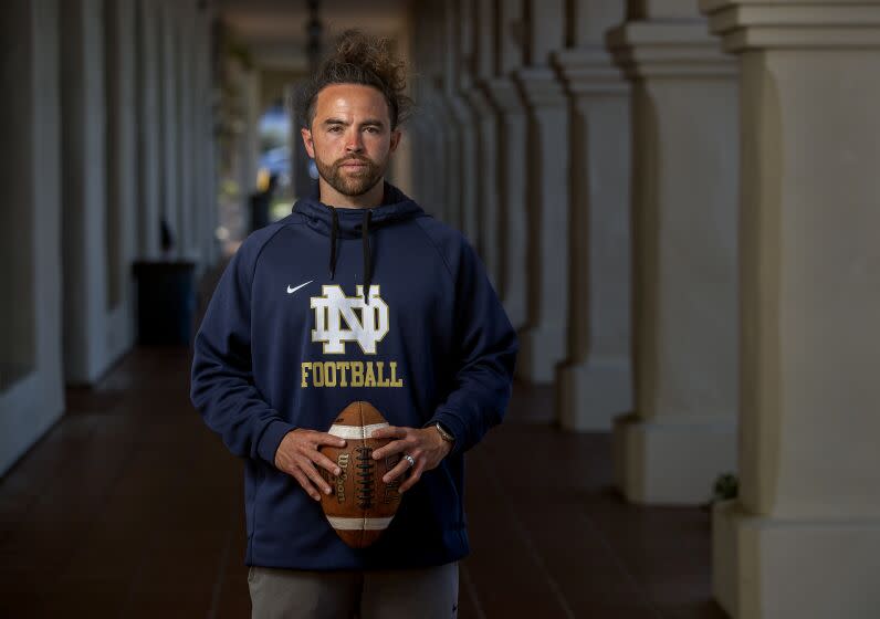 SHERMAN OAKS, CA-APRIL 21, 2023: New Sherman Oaks Notre Dame High School football coach Evan Yabu is photographed on the campus. (Mel Melcon / Los Angeles Times)