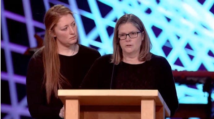 Claire and Elizabeth Marburger talk about Dan Marburger, their father and husband respectively, during his funeral on Saturday, Jan. 20, 2024, at Lutheran Church of Hope in West Des Moines.