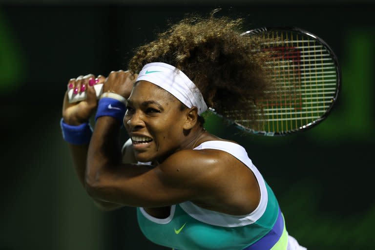 Serena Williams of the US, seen in action against Agnieszka Radwanska of Poland during their semi-final match at the Sony Open at Crandon Park Tennis Center in Key Biscayne, Florida, on March 28, 2013. Williams won 6-0, 6-3