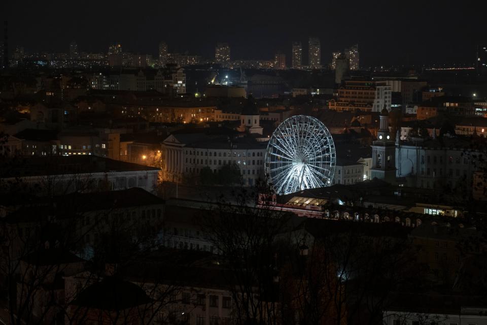 A view of Kyiv’s Podil district during a blackout on Friday (AP)