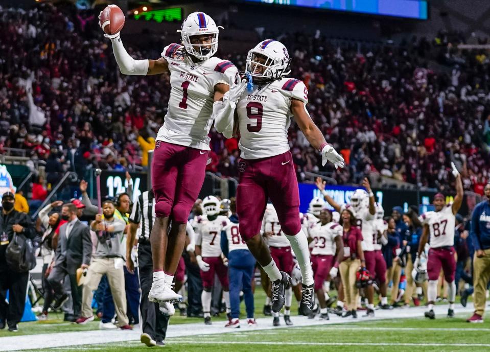 South Carolina State wide receiver Shaquan Davis celebrates with wide receiver Will Vereen after catching a touchdown pass against Jackson State in the Celebration Bowl on Saturday, Dec. 18, 2021.