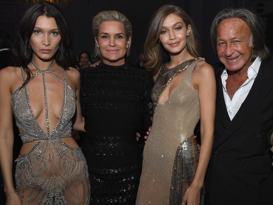 From left, Bella Hadid, Yolanda Foster, Gigi Hadid, and Mohamed Hadid in Paris in 2016.