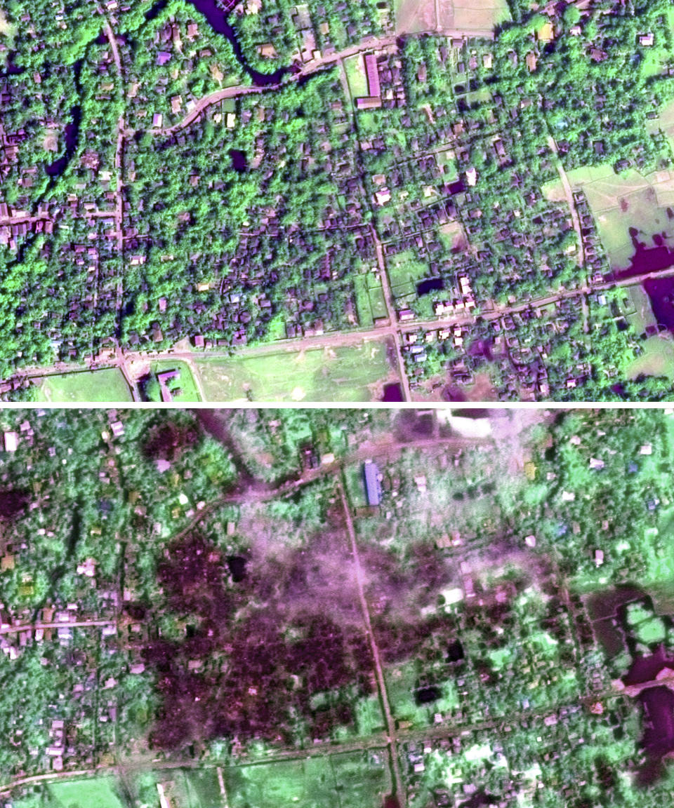 <p>This combination of images shows two infrared satellite maps; Jan. 30, 2014, top; and Sept. 2, 2017, bottom; displaying the town of Maungdaw, Myanmar. According to Human Rights Watch, the map on bottom shows predominantly Rohingya homes that were recently destroyed. (Photo: Human Rights Watch via AP) </p>