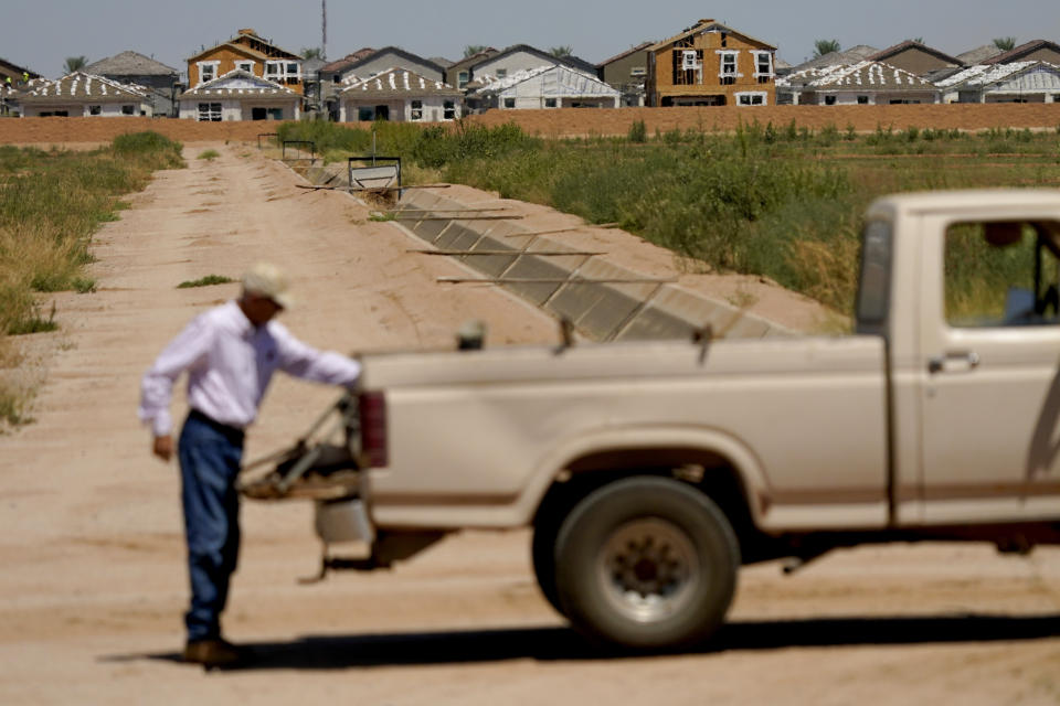 FILE - New home construction encroaches dormant fields owned by Kelly Anderson, left, Aug. 18, 2022, in Maricopa, Ariz. Anderson grows specialty crops for the flower industry and leases land to alfalfa farmers whose crops feed cattle at nearby dairy farms. (AP Photo/Matt York, File)