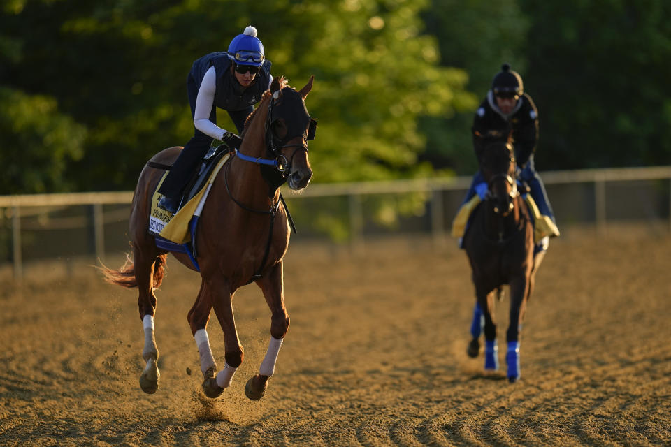 Preakness Stakes entrant Red Route One, left, and Black-Eyed Susan entrant Faiza, right, work out ahead of the 148th running of the Preakness Stakes horse race at Pimlico Race Course, Thursday, May 18, 2023, in Baltimore. The Black-Eyed Susan Stakes horse race is slated to run on Friday. (AP Photo/Julio Cortez)(AP Photo/Julio Cortez)