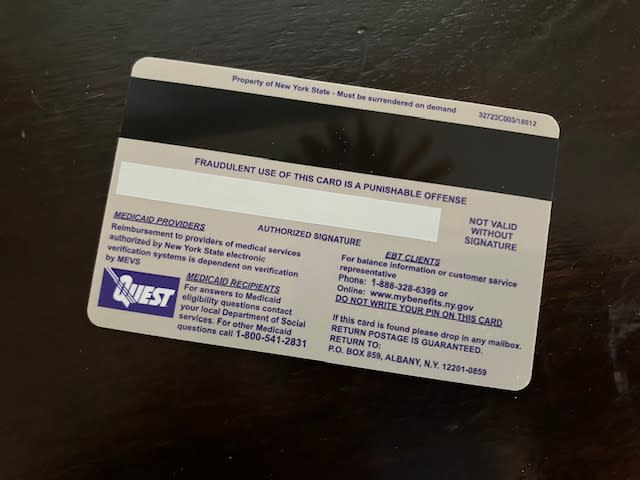 The back of a New York State benefits card. (Photo: Yahoo Finance)