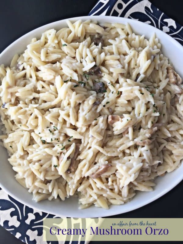 <p>An Affair from the Heart</p><p><strong>G</strong><strong>et the recipe: </strong><a href="https://anaffairfromtheheart.com/creamy-mushroom-orzo/?fbclid=IwAR0LikeS3eL7CJoN5YTst4vhlcAaPS2VfEUpRawBKaaNdN4sE0RBlFEmhuE" rel="nofollow noopener" target="_blank" data-ylk="slk:Creamy Mushroom Orzo;elm:context_link;itc:0;sec:content-canvas" class="link rapid-noclick-resp"><strong>Creamy Mushroom Orzo</strong></a></p>