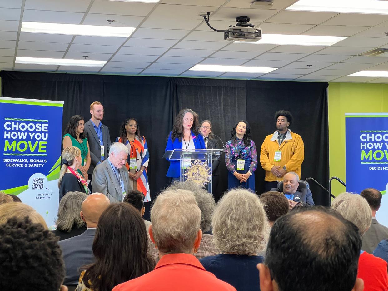 Jessica Dauphin of the Transit Alliance of Middle Tennessee speaks at the official announcement of Nashville Mayor Freddie O'Connell's transit referendum proposal launch at the Southeast Nashville Community Center on April, 19, 2024.