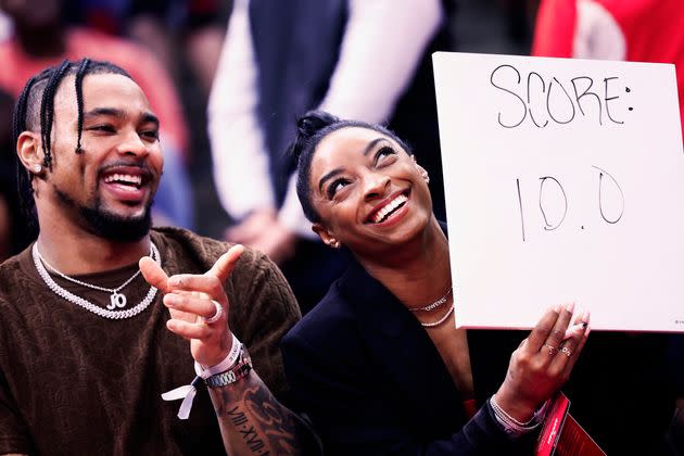 Simone Biles and Jonathan Owens have some fun at a Houston Rockets game in January 2024.