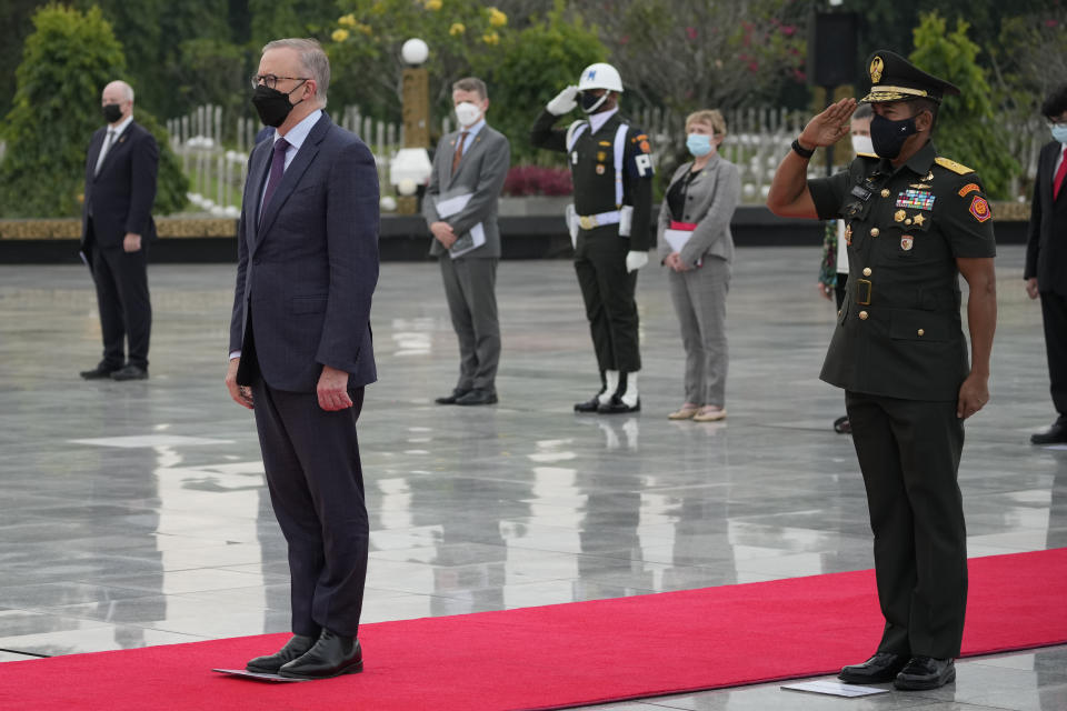 Australian Prime Minister Anthony Albanese attends a wreath laying ceremony at Kalibata Heroes Cemetery in Jakarta, Indonesia, Monday, June 6, 2022. (AP Photo/Achmad Ibrahim)