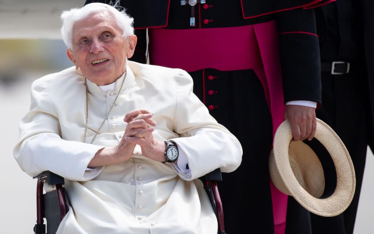 Benedict XVI at the airport in Munich after visiting his brother in June - AFP