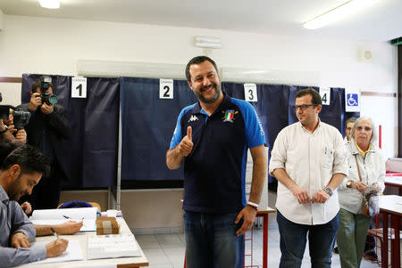 Italian Deputy Prime Minister and leader of far-right League party Matteo Salvini gives a thumb up before casting his vote in the European Parliament Elections in Milan, Italy May 26, 2019. REUTERS/Alessandro Garofalo