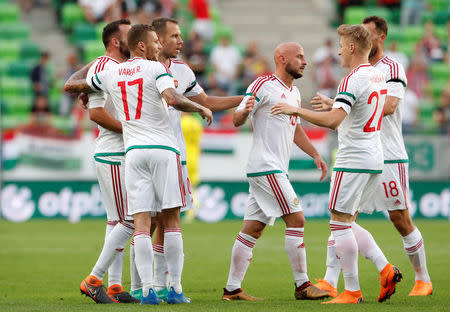 Soccer Football - International Friendly - Hungary vs Australia - Groupama Arena, Budapest, Hungary - June 9, 2018 Hungary players celebrate after their first goal, an own goal scored by Australia's Trent Sainsbury (not pictured) REUTERS/Bernadett Szabo