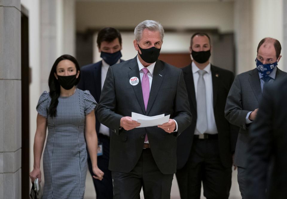 House Minority Leader Kevin McCarthy, R-Calif., decries the Democratic $1.9 trillion COVID-19 relief package as "a laundry list of left-wing priorities" unrelated to the pandemic.