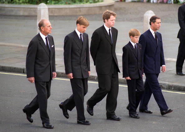 <div class="inline-image__caption"><p>The Duke of Edinburgh, Prince William, Earl Spencer, Prince Harry, and the then-Prince of Wales following the coffin of Diana, Princess of Wales.</p></div> <div class="inline-image__credit">Tim Graham Photo Library via Getty</div>