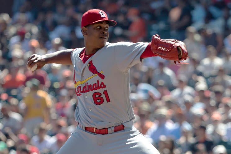 SAN FRANCISCO, CA - SEPTEMBER 18: Alex Reyes #61 of the St. Louis Cardinals delivers the pitch during the first inning against the San Francisco Giants at AT&T Park on September 18, 2016 in San Francisco, California. (Photo by Stephen Lam/Getty Images)