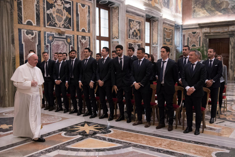 Pope Francis arrives to meet some of the Villarreal club players, managers and coaching staff during a private audience at the Vatican February 23, 2017. Osservatore Romano/Handout via REUTERS ATTENTION EDITORS - THIS PICTURE WAS PROVIDED BY A THIRD PARTY. EDITORIAL USE ONLY. NO RESALES. NO ARCHIVE.