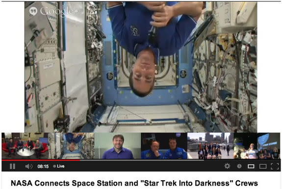 Astronaut Cassidy spun upside-down in the International Space Station at the request of the 'Star Trek' stars during a chat on May 16, 2013.