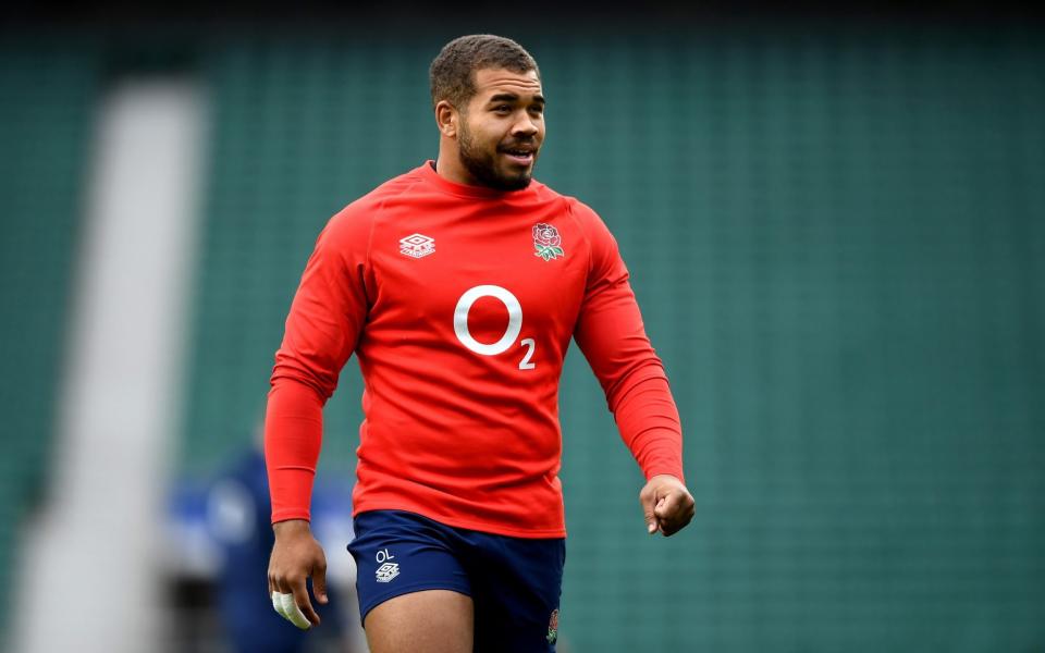 Ollie Lawrence of England looks on during an England rugby training session at Twickenham - GETTY IMAGES