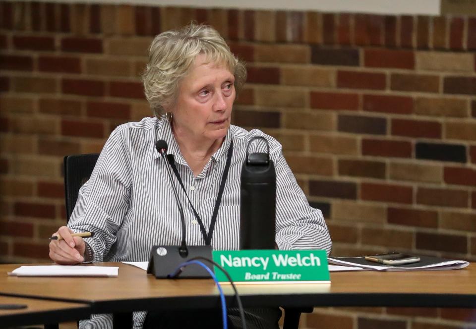 Green Bay School Board member Nancy Welch talks during an April board meeting. Welch, who did not seek reelection this spring, previously requested the board discuss the Burns/Van Fleet report, which reported difficult relationships between the administration and schools.