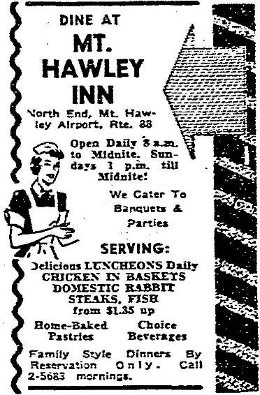 A 1951 Peoria Journal ad for the Mt. Hawley Inn. Among its offerings is "domestic rabbit."