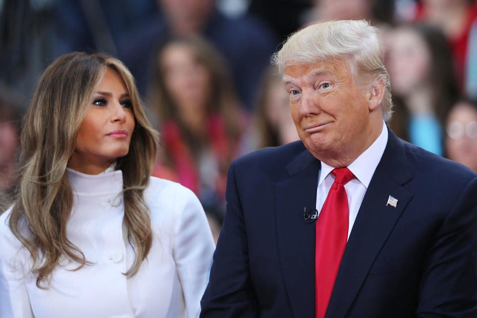 NEW YORK, NY - APRIL 21:  Republican presidential candidate Donald Trump sits with his wife Melania Trump while appearing at an NBC Town Hall at the Today Show on April 21, 2016 in New York City.  The GOP front runner appeared with his wife and family and took questions from audience members.  (Photo by Spencer Platt/Getty Images)