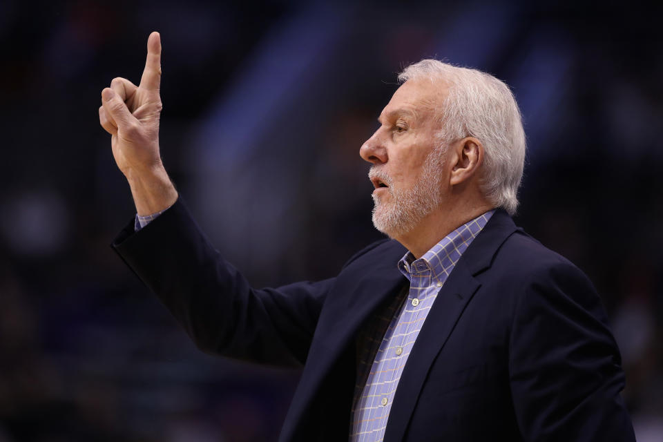 San Antonio Spurs coach Gregg Popovich needs one more regular season win to break his tie with Don Nelson for the most by a coach in NBA history. (Christian Petersen/Getty Images)