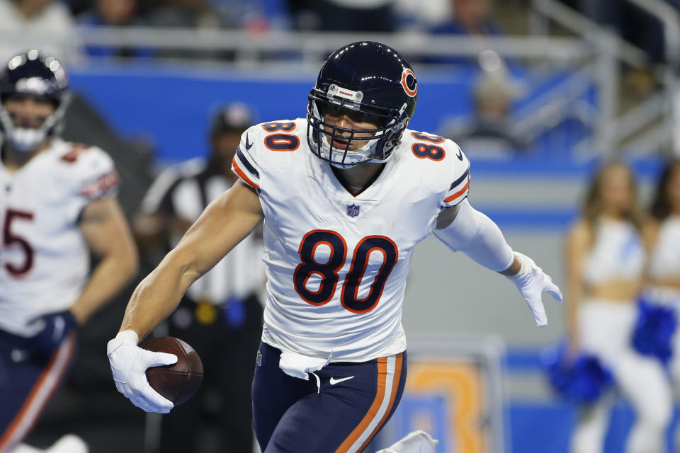 Chicago Bears tight end Jimmy Graham runs into the end zone for a touchdown during the first half of an NFL football game against the Detroit Lions, Thursday, Nov. 25, 2021, in Detroit. (AP Photo/Duane Burleson)
