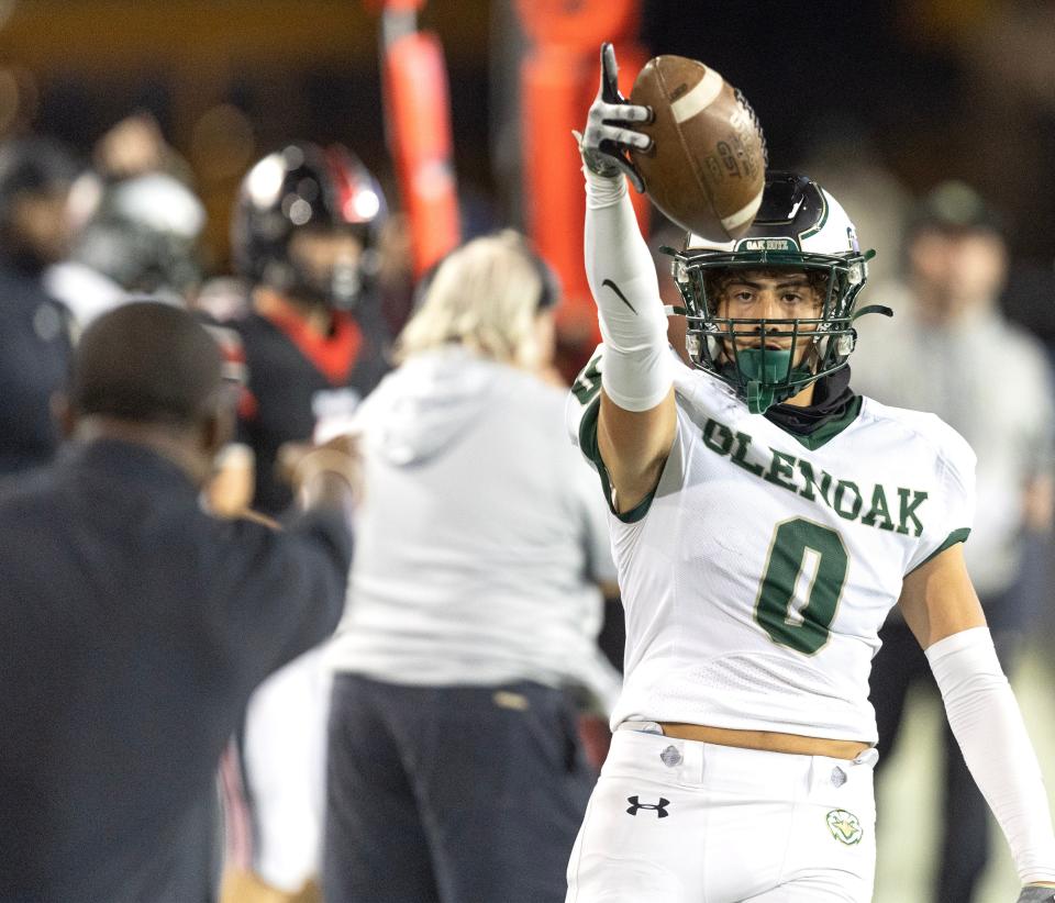 GlenOak receiver Muhammad Malka celebrates a long reception in the second half against McKinley, Friday, Oct. 13, 2023.