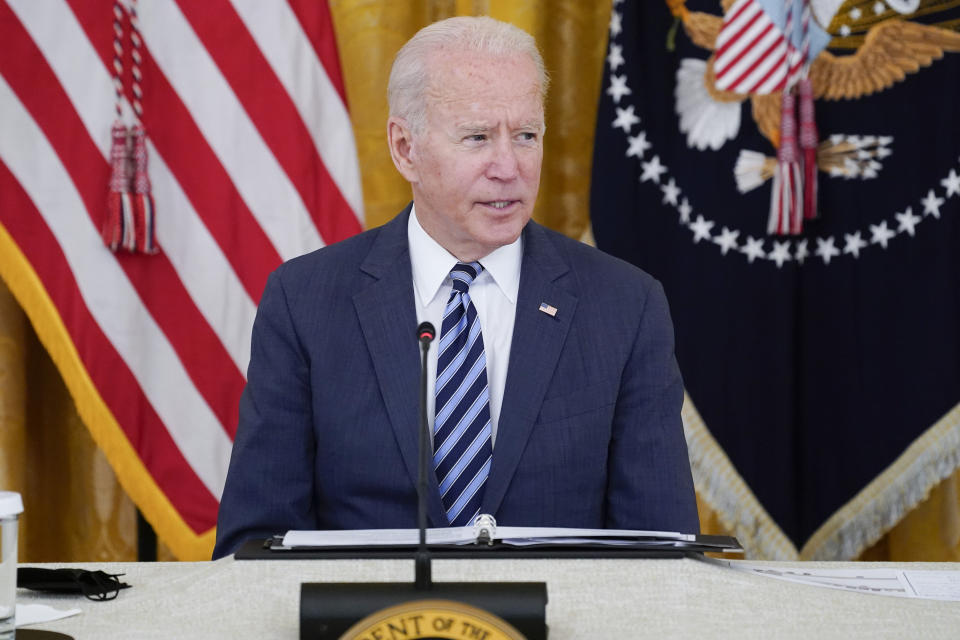 President Joe Biden speaks during a meeting about cybersecurity, in the East Room of the White House, Wednesday, Aug. 25, 2021, in Washington. (AP Photo/Evan Vucci)