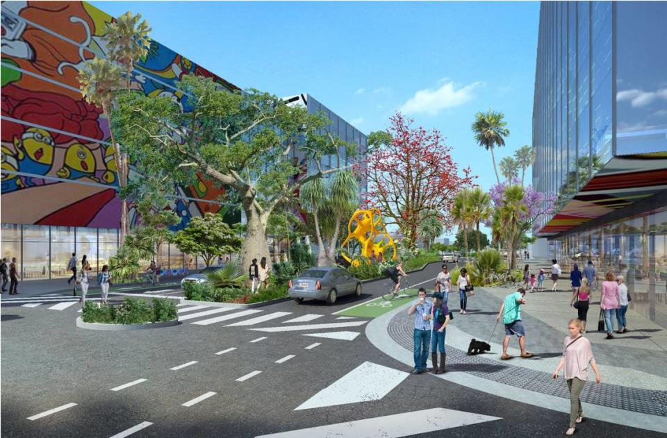 An architectural rendering shows how a remade Northwest Fifth Avenue in Wynwood could look under a new streetscape plan adopted by the Miami Commission.