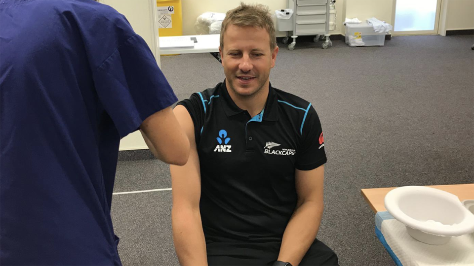 New Zealand cricketer Neil Wagner receives the first shot of his coronavirus vaccine ahead of the team's upcoming tour of England. Picture: Twitter/BlackCaps