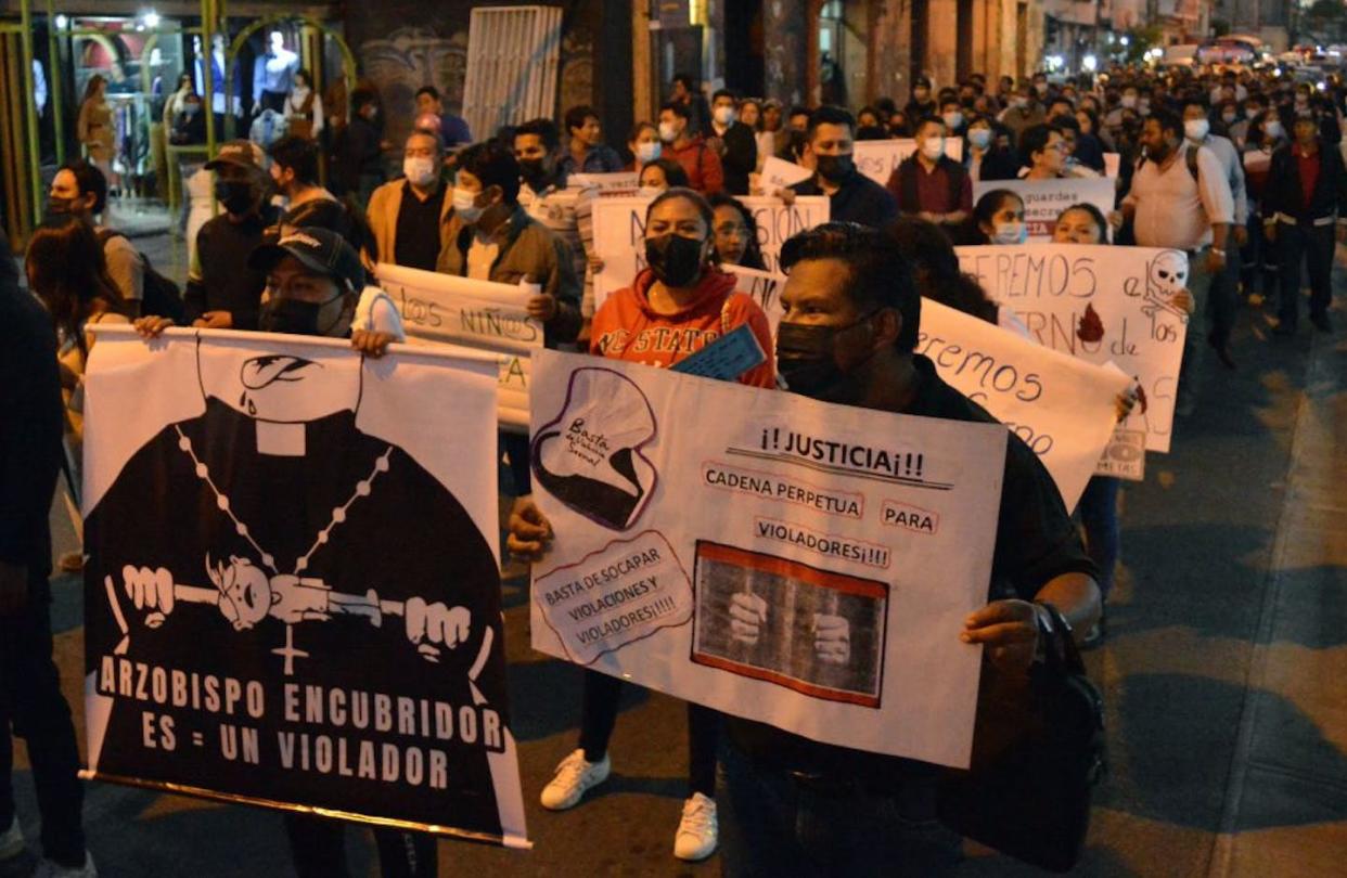 Members of children's rights organizations protest against cases of clerical child abuse in Cochabamba, Bolivia, on May 25, 2023. <a href="https://www.gettyimages.com/detail/news-photo/members-of-childrens-rights-organizations-protest-against-news-photo/1258043171?adppopup=true" rel="nofollow noopener" target="_blank" data-ylk="slk:Fernando Cartagena/AFP via Getty Images;elm:context_link;itc:0;sec:content-canvas" class="link ">Fernando Cartagena/AFP via Getty Images</a>