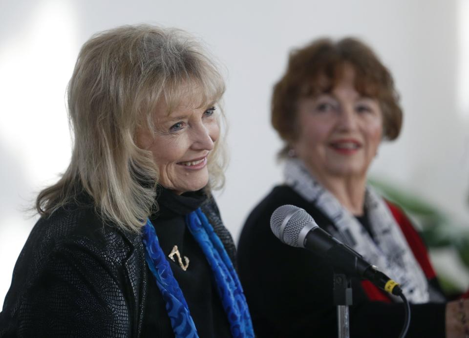 Karolyn Grimes, who played Zuzu Bailey in "It's a Wonderful Life," during a news conference at Wesleyan Chapel in Seneca Falls, New York, in 2016.