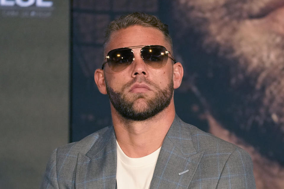 Boxer Billy Joe Saunders of Great Britain listens during a pre-fight news conference, Thursday, May 6, 2021, in Arlington, Texas. Saunders fights Canelo Alvarez on Saturday, May 8, 2021, for the unified super middleweight world championship. (AP Photo/LM Otero)