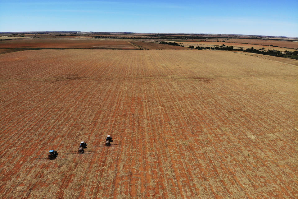 FILE - Farm employees spread fertilizer on a farm in Gerdau, North West province, South Africa, Nov. 19, 2018. Families across Africa are paying about 45% more for wheat flour as Russia's war in Ukraine blocks exports from the Black Sea. Some countries like Somalia get more than 90% of their wheat from Russia and Ukraine. That's forcing many people to substitute wheat for other grains. But the United Nations is warning that the price hikes are coming as many parts of Africa are facing drought and hunger. (AP Photo/Jerome Delay, File)